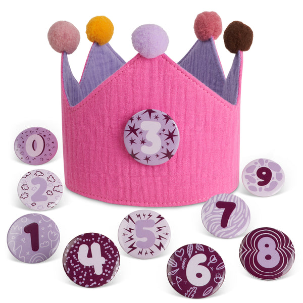 Kids Birthday Crowns with 0-9 Number Badges - Reversible Crown in Muslin Cotton